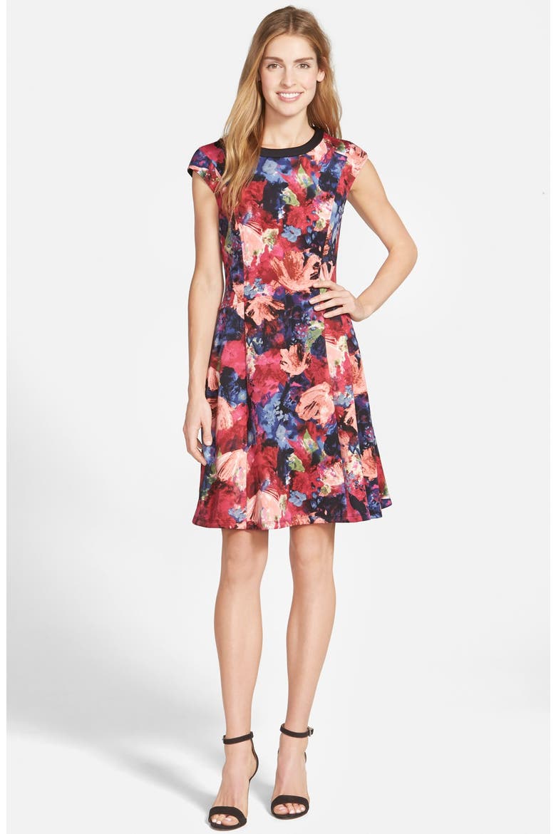 Floral Print Scuba Fit & Flare Dress, Alternate, color, BLACK/ POPPY