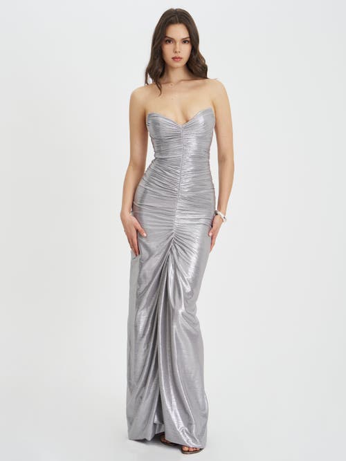 Miss Circle Sable Ruched Glitter Mermaid Gown In Silver