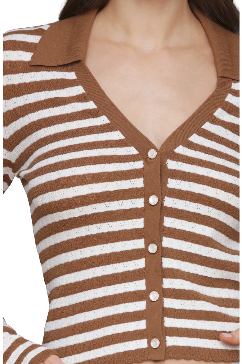 Striped Pointelle Polo Cardigan, Alternate, color, BROWN/ BEIGE