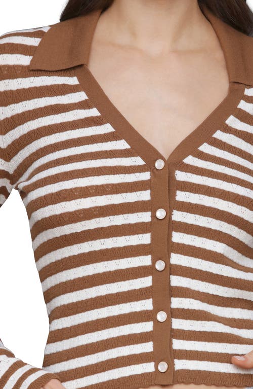 Avec Les Filles Striped Pointelle Polo Cardigan In Brown
