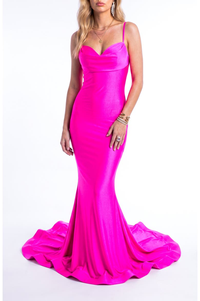 Cowl-Neck Open-Back Mermaid Gown, Alternate, color, Neon Pink