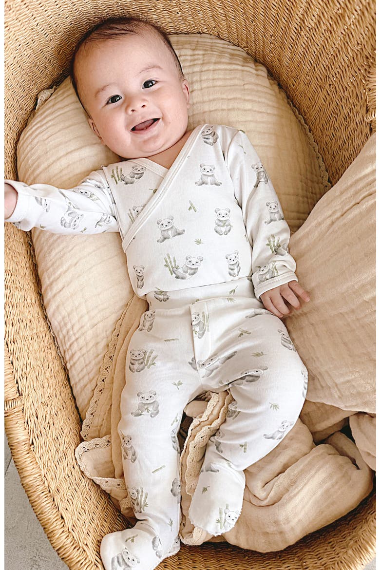 Panda Print Organic Cotton Wrap Bodysuit & Footed Pants Set, Alternate, color, BABY HIPPO