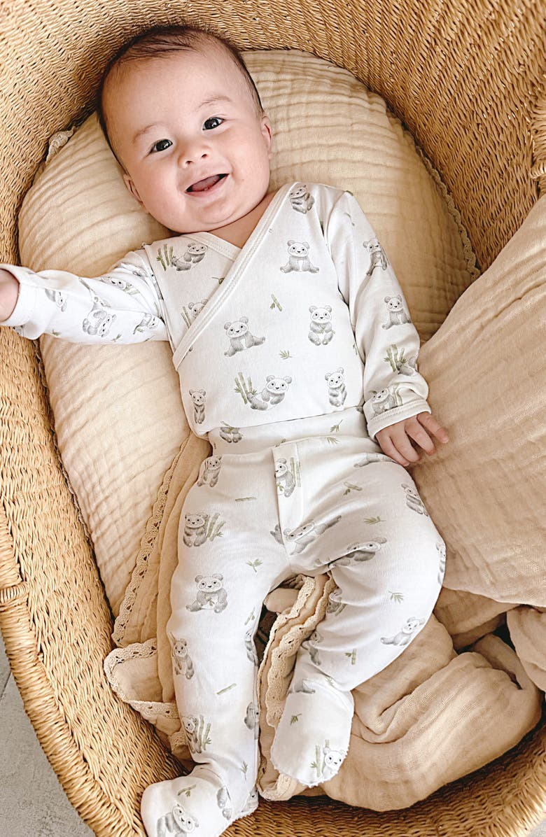 L'ovedbaby Panda Print Organic Cotton Wrap Bodysuit & Footed Pants Set, Alternate, color, Baby Hippo
