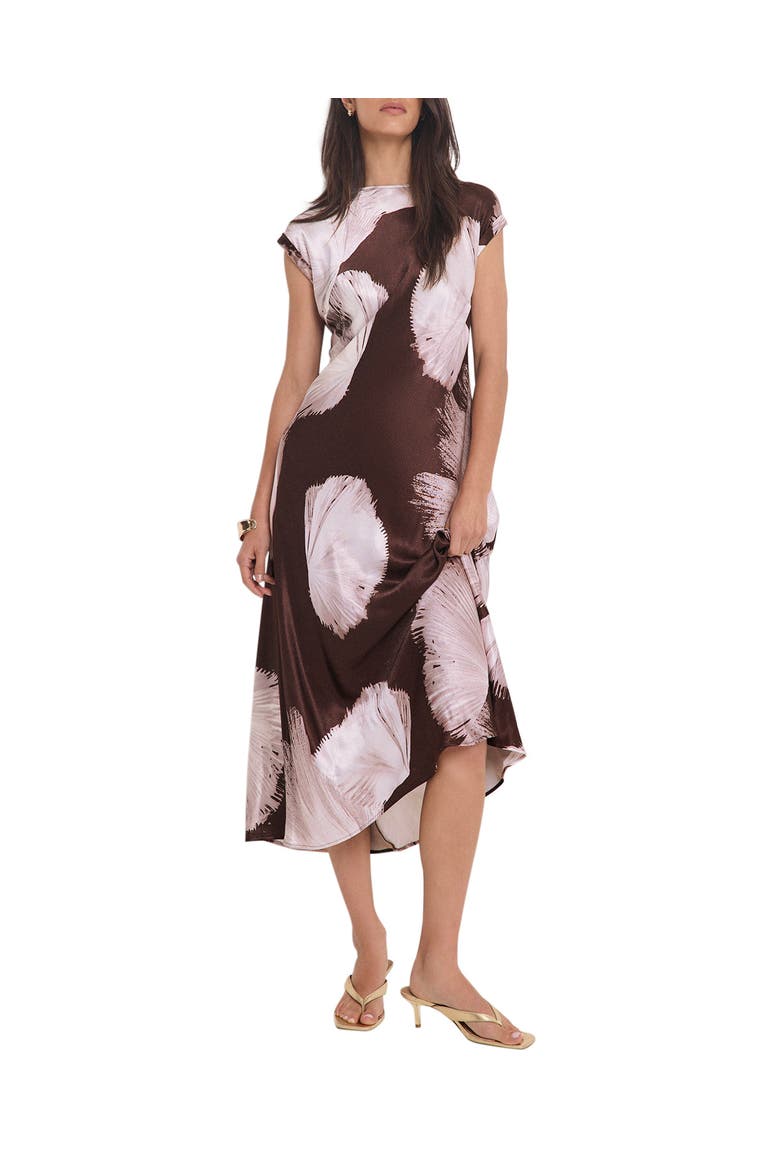 Satin Abstract Print Midi Dress, Alternate, color, Brown