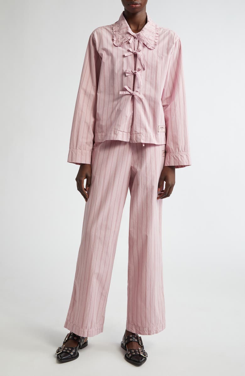 Ganni Stripe Tie Front Organic Cotton Top, Alternate, color, Lilac Sachet