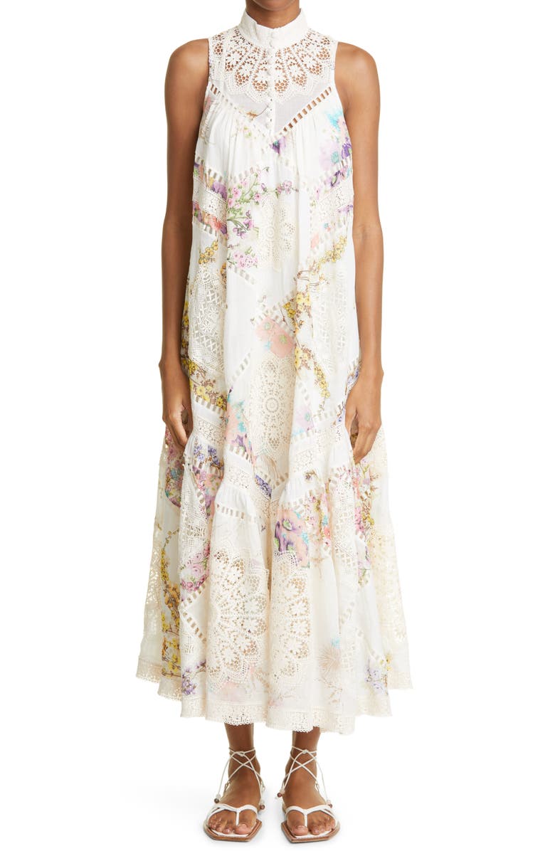 Zimmermann Jude Floral Print Lace Trim Midi Dress, Main, color,