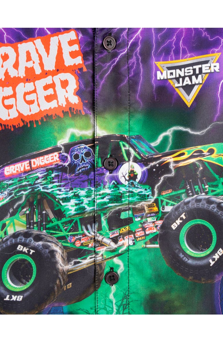 Monster Jam Grave Digger Short Sleeve Button Down Shirt, Alternate, color, Purple/Green