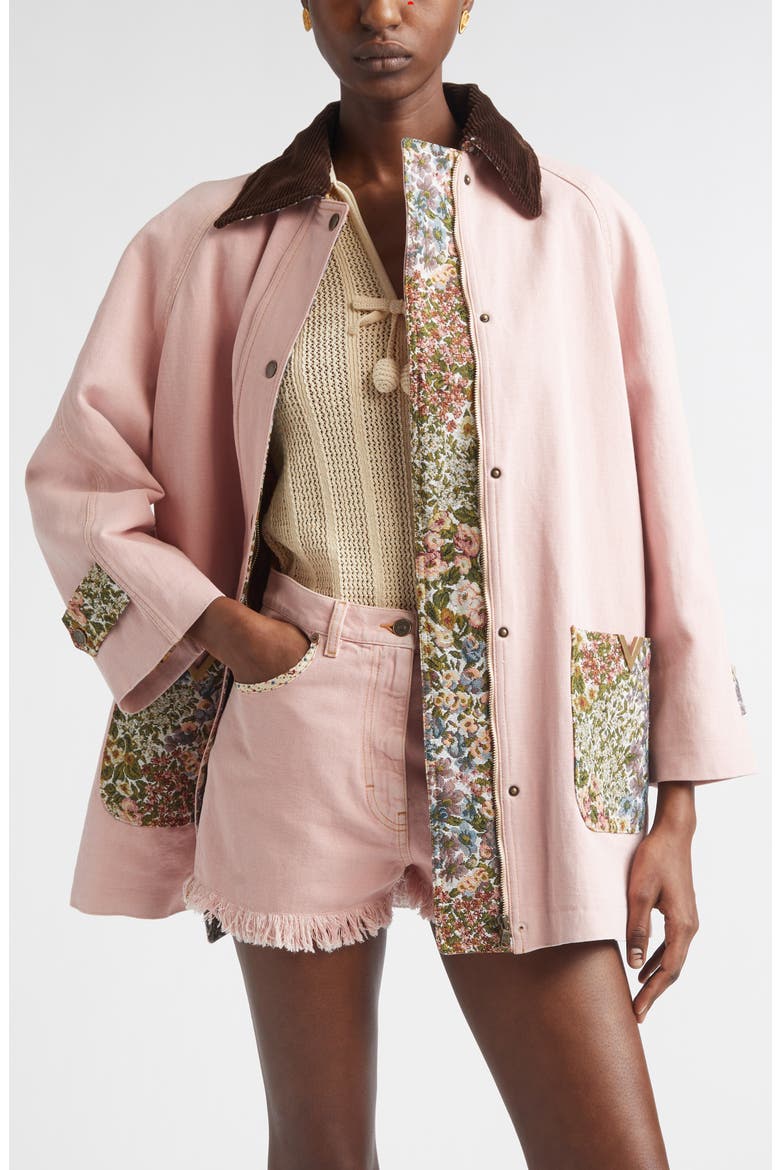 Tapestry Pocket Solid Cotton & Linen Denim Coat, Main, color, DUSTY ROSE