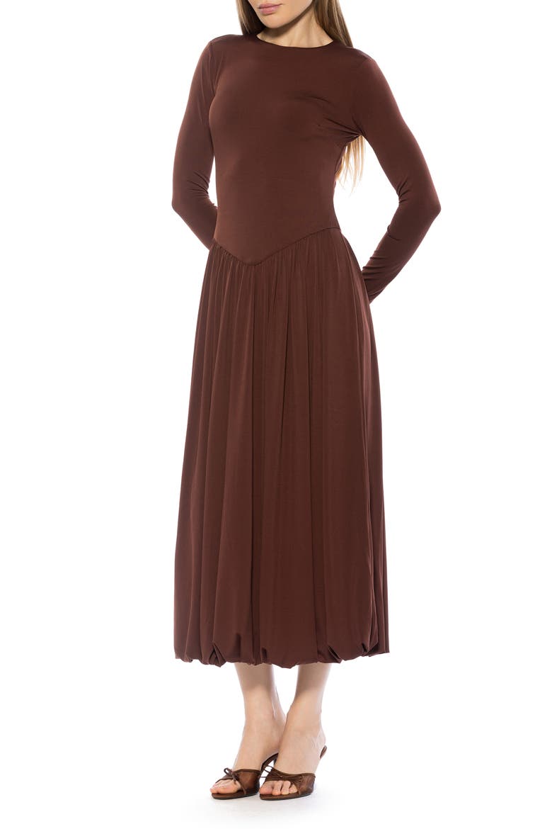 Eero Crewneck Long Sleeve Bubble Hem Midi Dress, Alternate, color, BROWN