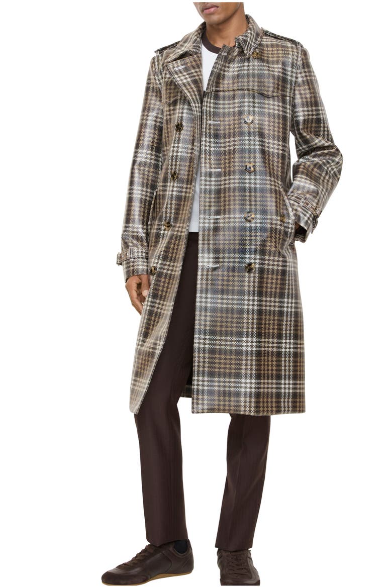 Long Check Coated Raffia-effect Foxfield Trench Coat, Main, color, Chalk white/truffle brown