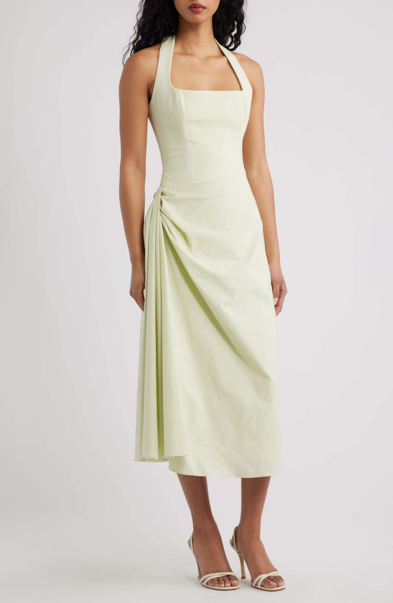 HOUSE OF CB Tallulah Halter Neck Stretch Cotton Midi Dress, Main, color, Matcha Green