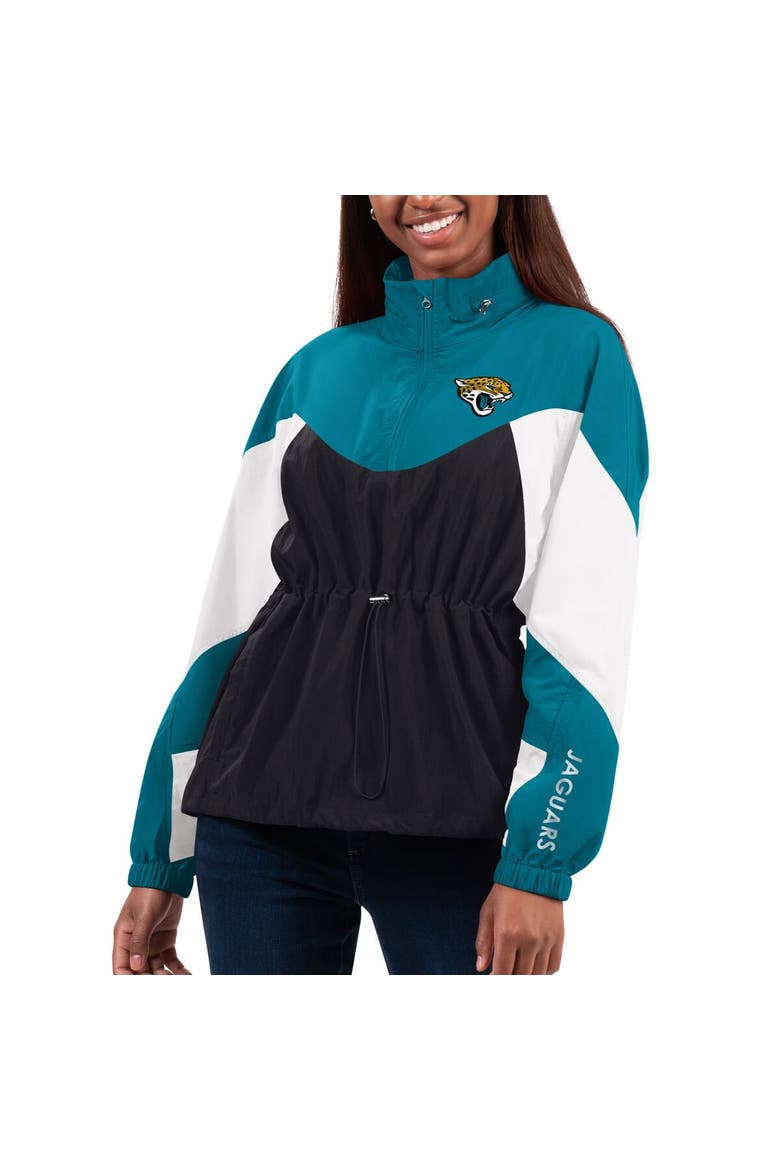 Women's G-III 4Her by Carl Banks Black/Teal Jacksonville Jaguars Tie Breaker Lightweight Quarter-Zip Jacket, Main, color, Black