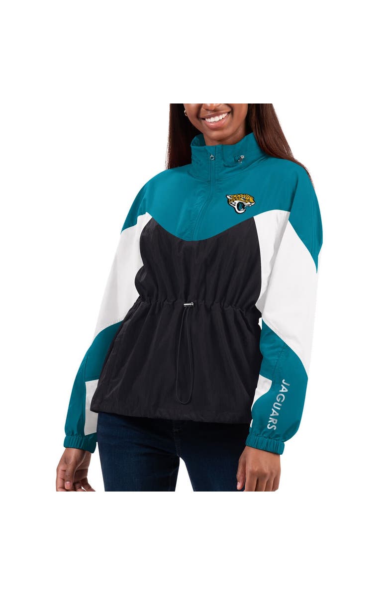 G-III 4HER BY CARL BANKS Women's G-III 4Her by Carl Banks Black/Teal Jacksonville Jaguars Tie Breaker Lightweight Quarter-Zip Jacket, Main, color, 