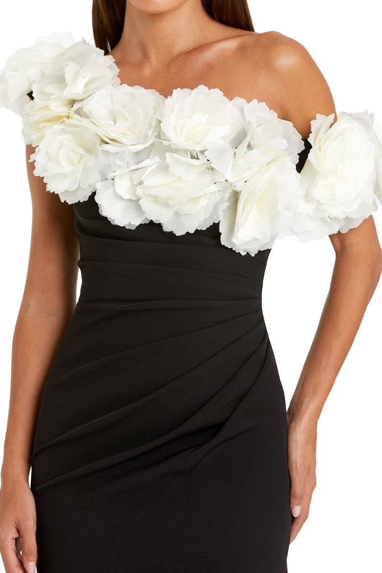 Jersey Gown With 3D Flower Off The Shoulder Detail, Alternate, color, Black Cream