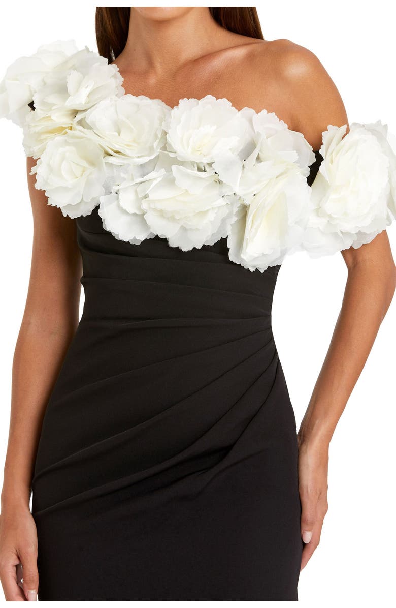 Mac Duggal Jersey Gown With 3D Flower Off The Shoulder Detail, Alternate, color, Black Cream