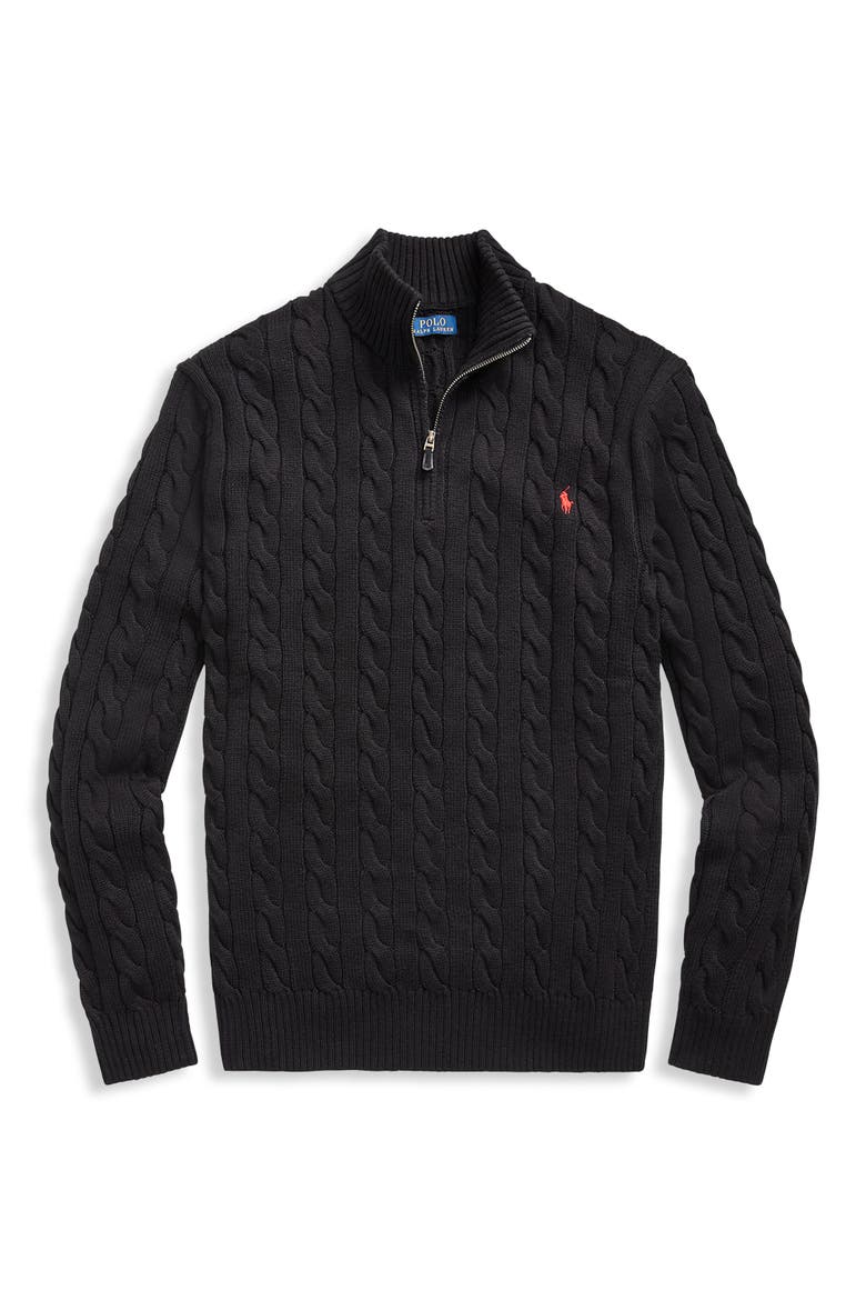 Big & Tall Polo Ralph Lauren Cable Knit Cotton 1/4-Zip Sweater, Alternate, color, POLO BLACK