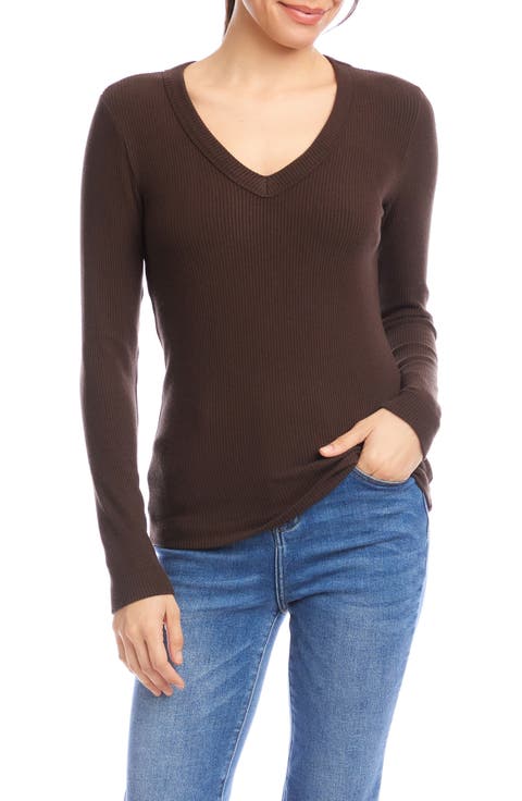 Rib V-Neck Long Sleeve Top