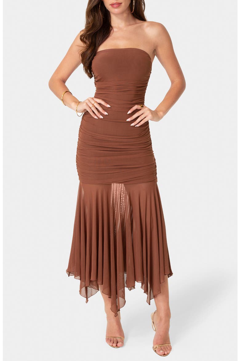 Strapless Handkerchief Hem Powermesh Dress, Main, color, MOCHA