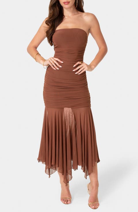 Strapless Handkerchief Hem Powermesh Dress