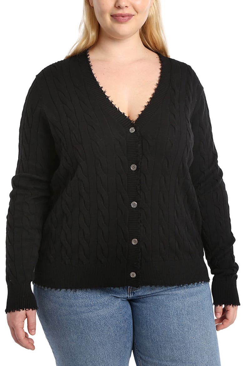 Frayed V-Neck Cable Knit Cotton Cardigan, Main, color, BLACK
