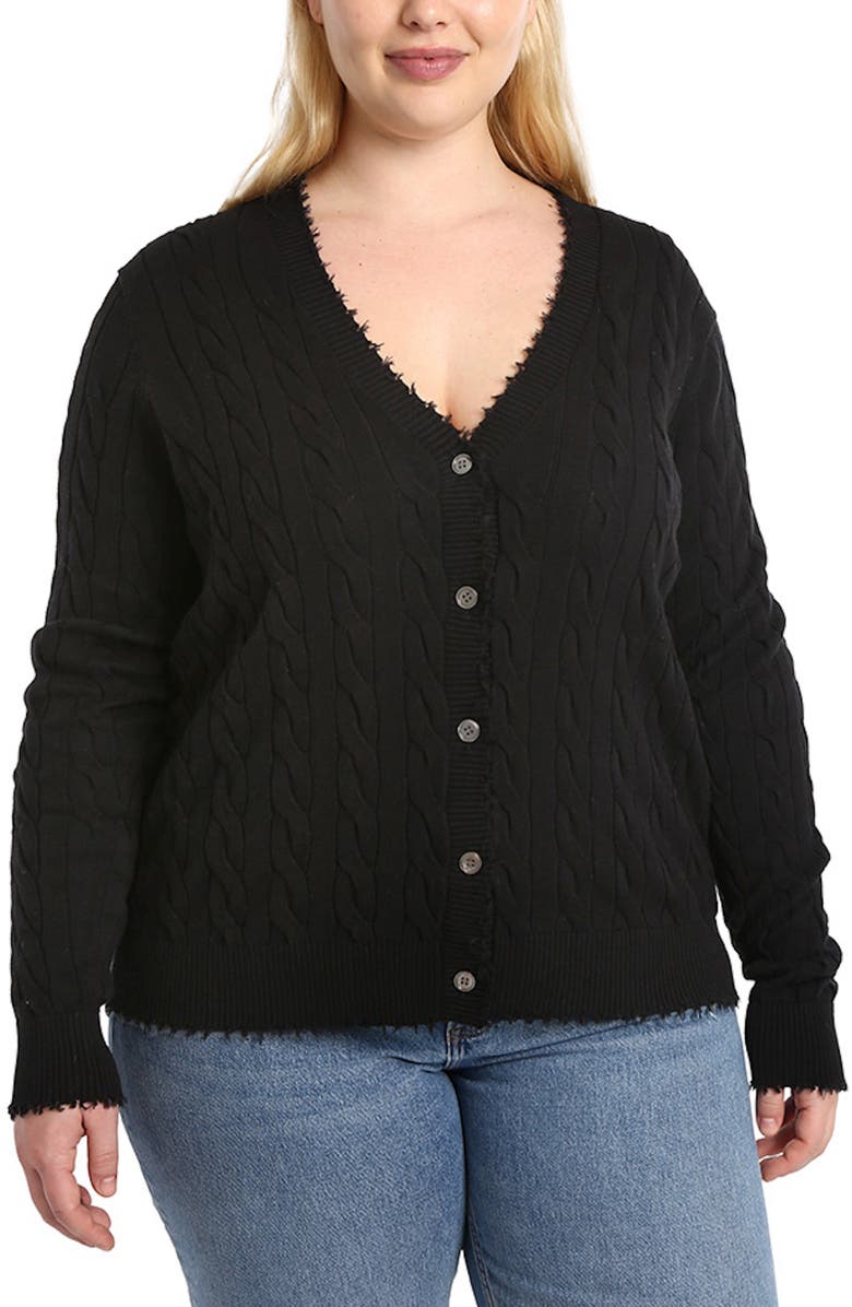 MINNIE ROSE Frayed V-Neck Cable Knit Cotton Cardigan, Main, color, Black
