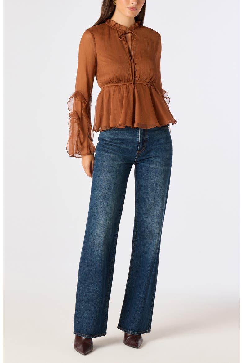 Tereasa Ruffle Tie Neck Peplum Top, Alternate, color, LIGHT BROWN