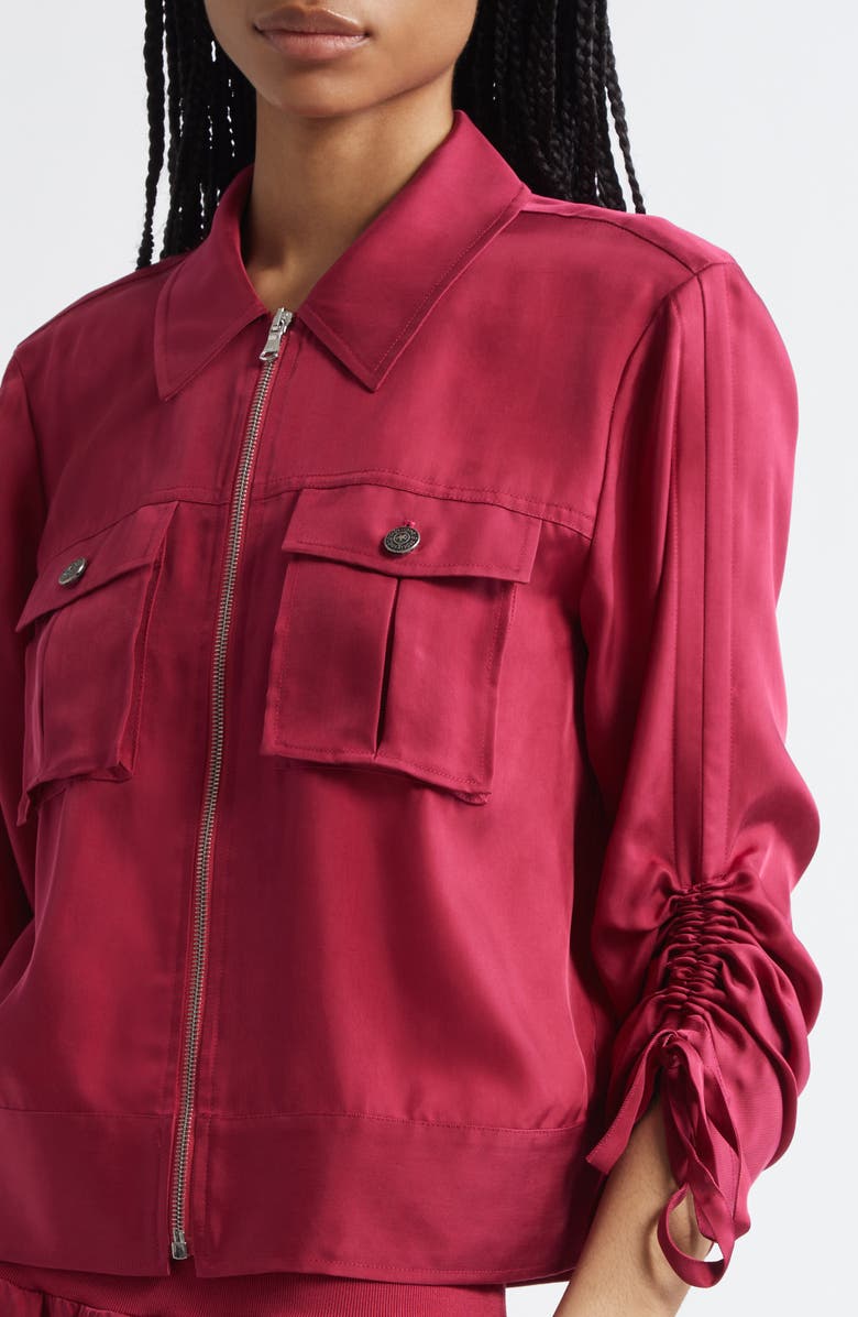 Cinq à Sept Dale Ruched Sleeve Cupro Satin Jacket, Alternate, color, Burgundy Plum