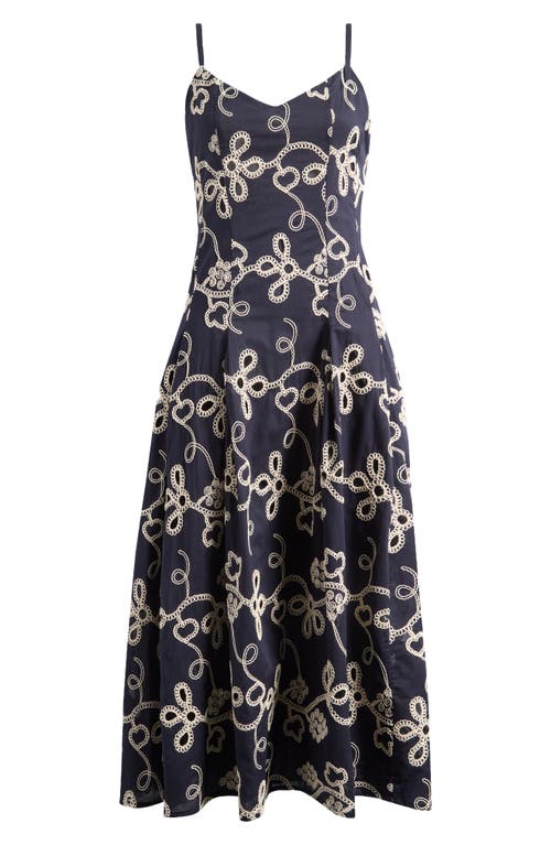 Cece Embroidered Godet Pleat Cotton A-line Dress In Purple