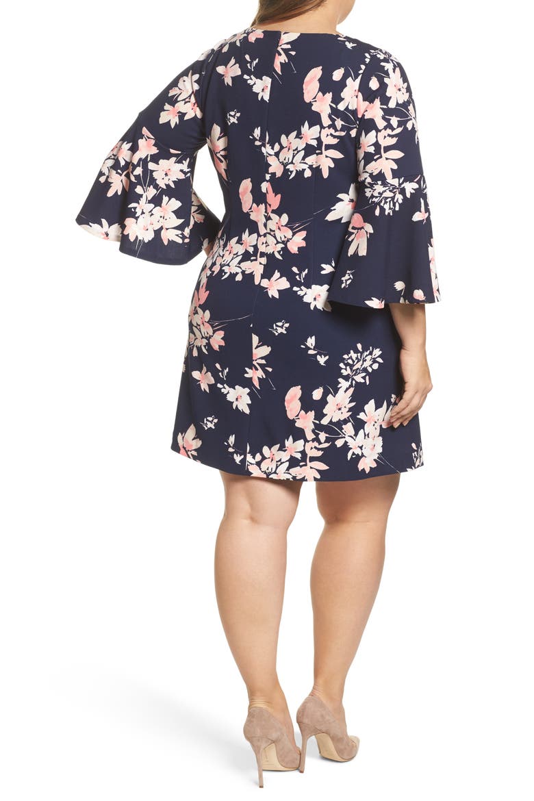 Floral Print Bell Sleeve Shift Dress, Alternate, color, NAVY/ PINK