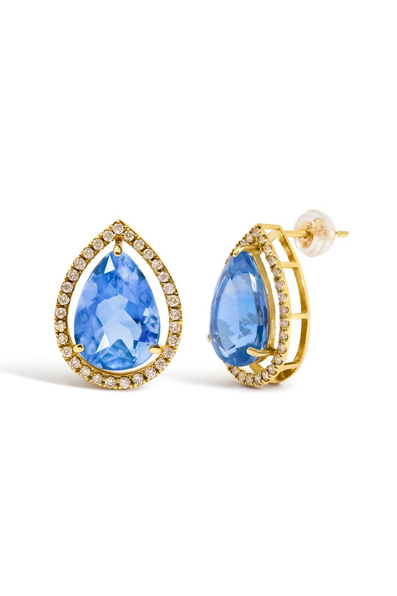 18K Yellow Gold 9x13 MM Blue Flourite Pear Halo Stud Earrings 1/2 Cttw Diamond, Alternate, color, Yellow Gold