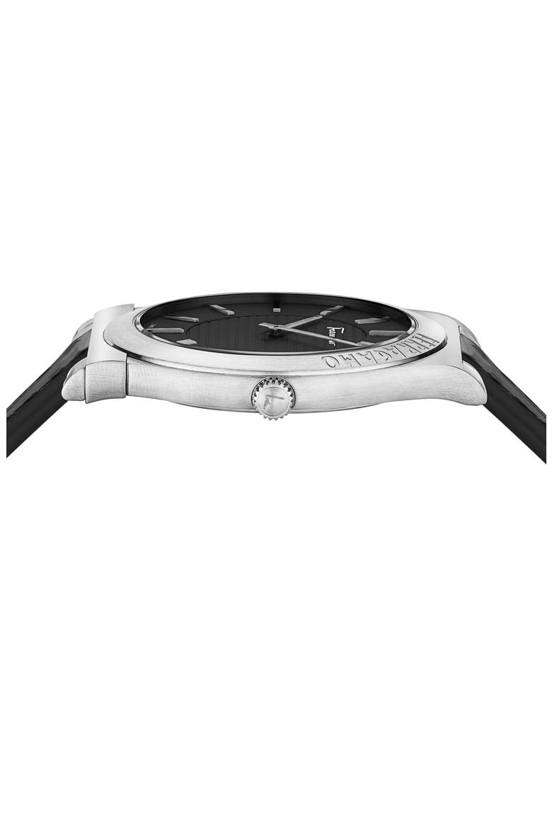 Gancini Swiss Quartz Leather Strap Watch, 42mm, Alternate, color, STAINLESS STEEL