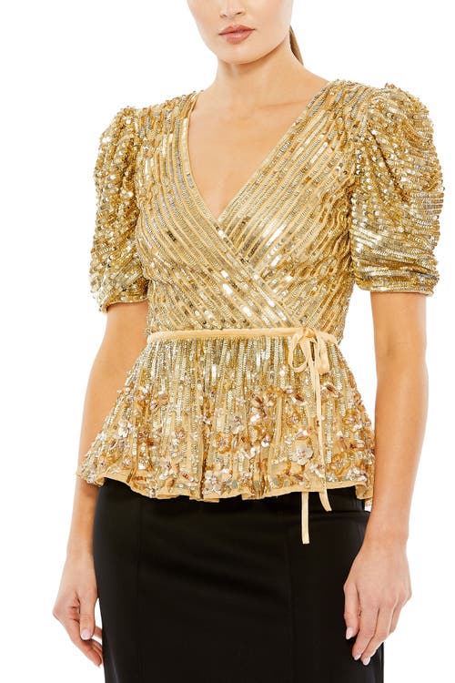 Mac Duggal Sequined Puff Sleeve Faux Wrap Top In Gold