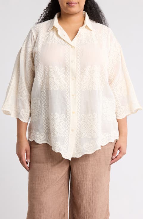 Embroidered Cotton Button-Up Shirt (Plus)