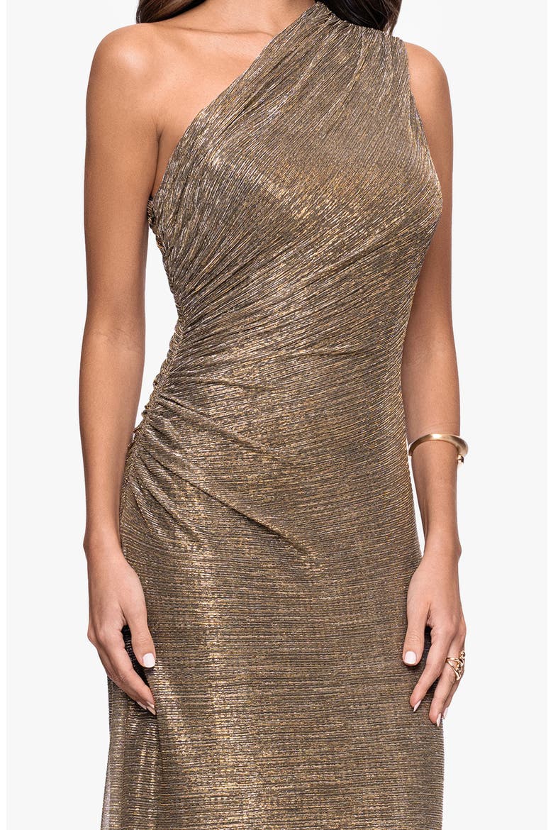 One-Shoulder Metallic Crinkled Column Gown, Alternate, color, MOCHA/ GOLD