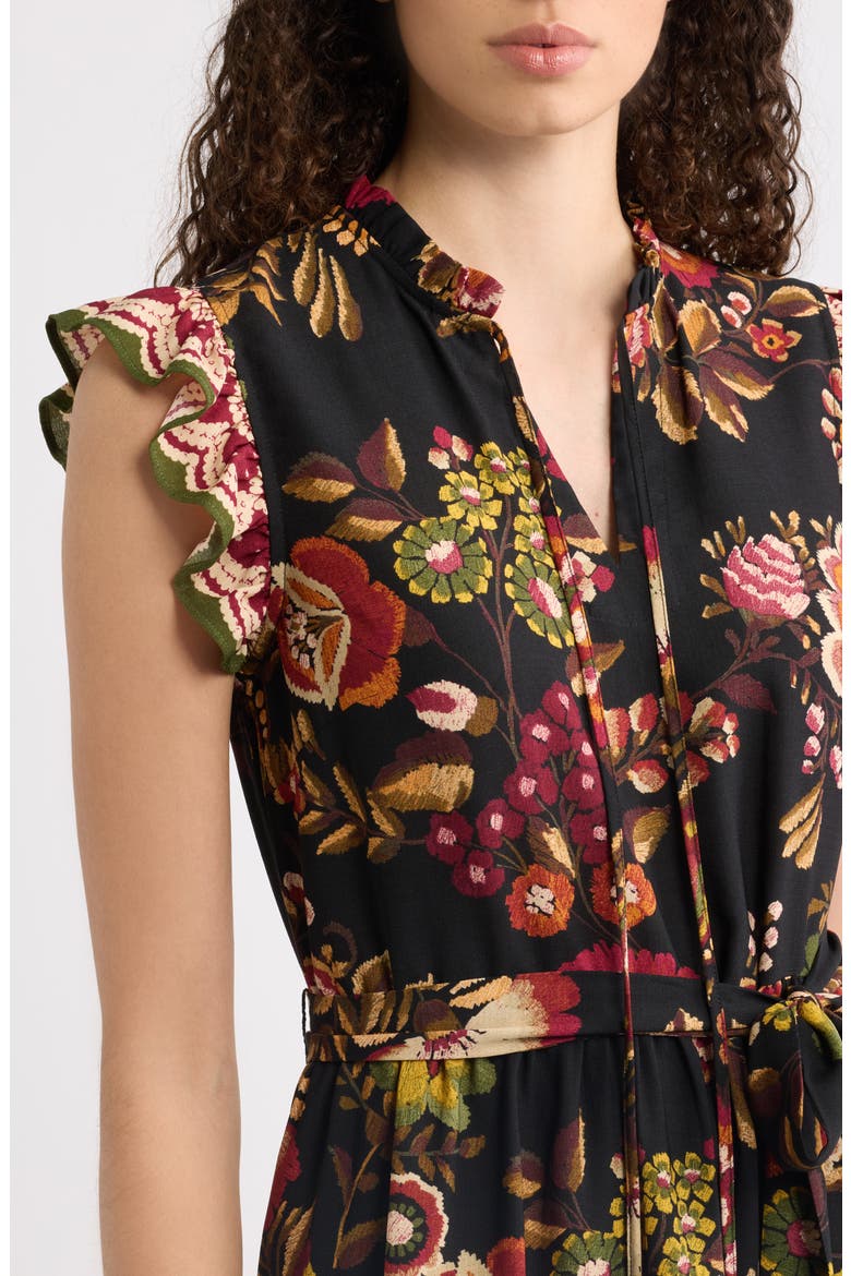 Floral Border Print Midi Dress, Alternate, color, BLACK MULTI