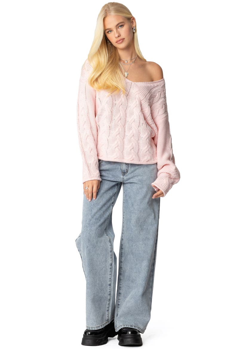Inga Oversize V-Neck Cable Sweater, Alternate, color, LIGHT-PINK