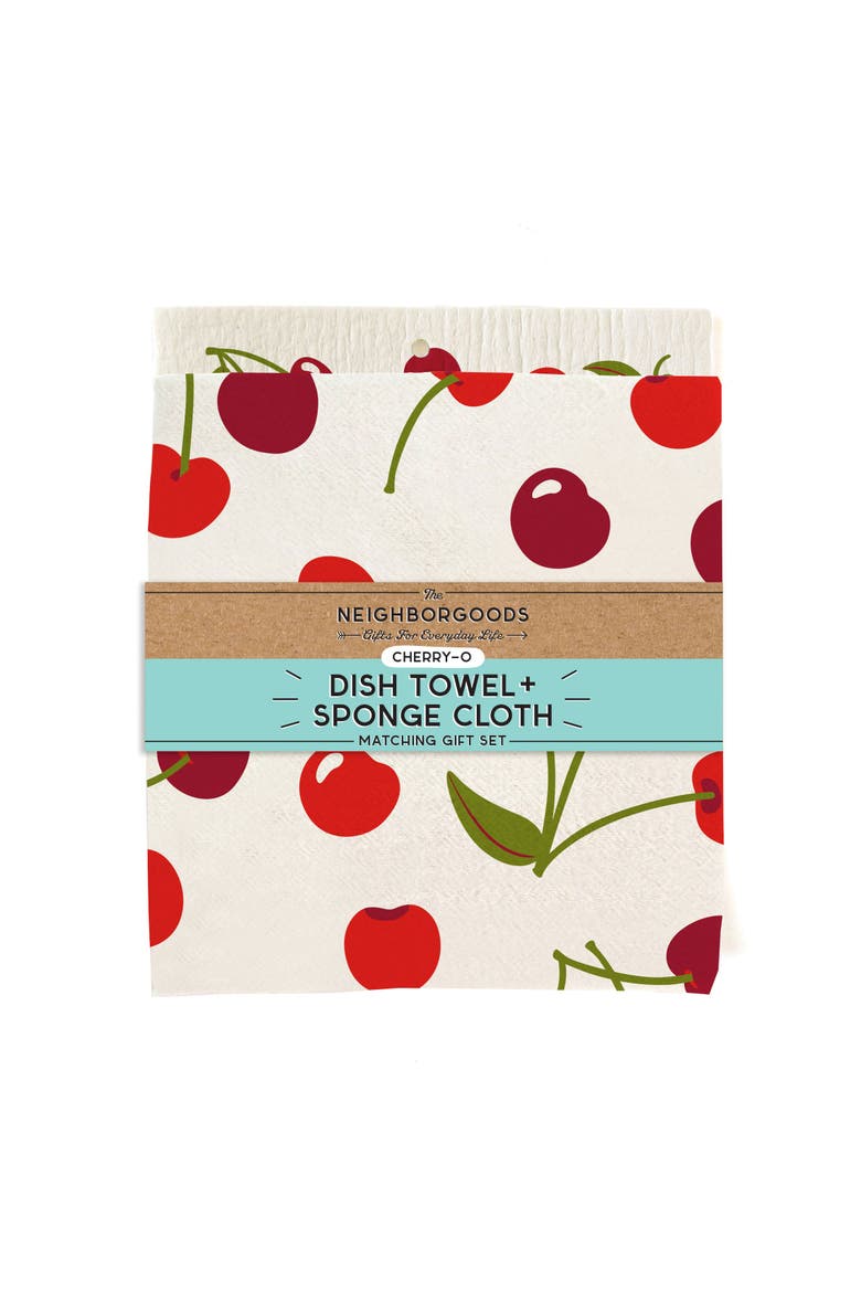 Cherry Dish Towel + Sponge Cloth Gift Set, Alternate, color, Red