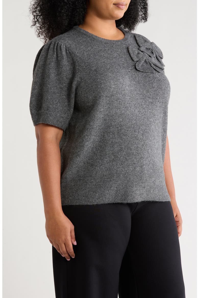 Bow Appliqu Short Sleeve Sweater, Alternate, color, MEDIUM HEATHER GREY