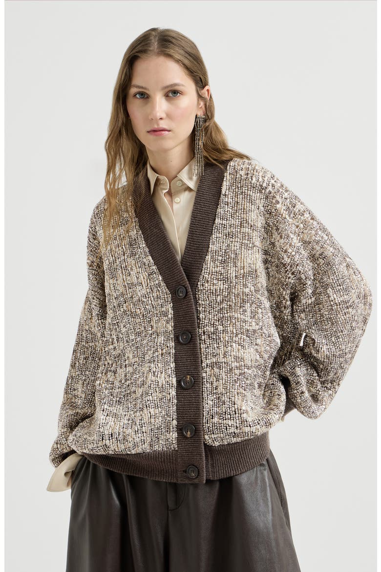 Dazzling craquelé embroidery cardigan in mohair and wool, Main, color, Silver