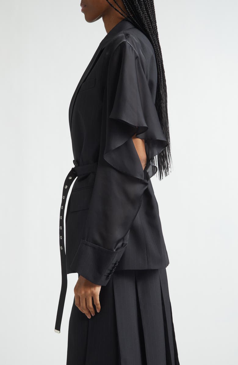 Sacai Chalk Stripe Mixed Media Belted Blazer, Alternate, color, Black