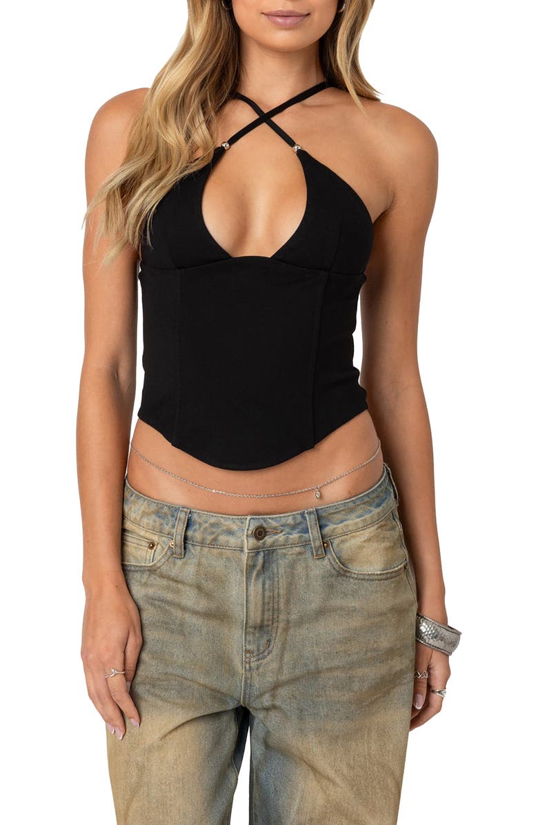 EDIKTED Lou Crossover Strap Corset Camisole, Main, color, Black