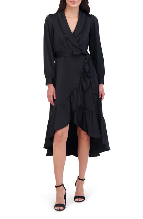 Long Sleeve Faux Wrap Satin High-Low Dress