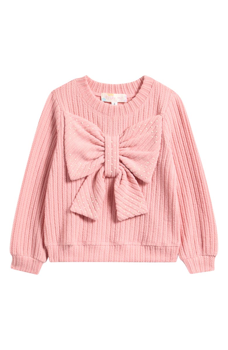 Truly Me Kids' 3D Bow Embellished Cable Knit Sweater, Main, color, Dusty Pink