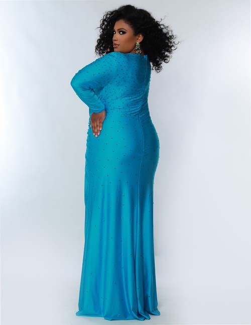 Sydney's Closet Fitted Long Sleeve V-neck Ruched Plus Size Gown In Blue Attitude