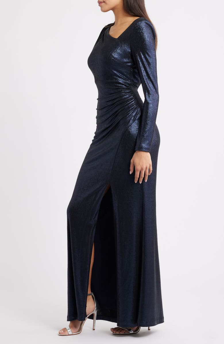 Eliza J Ruched Asymmetric Neck Long Sleeve Maxi Dress, Alternate, color, Navy