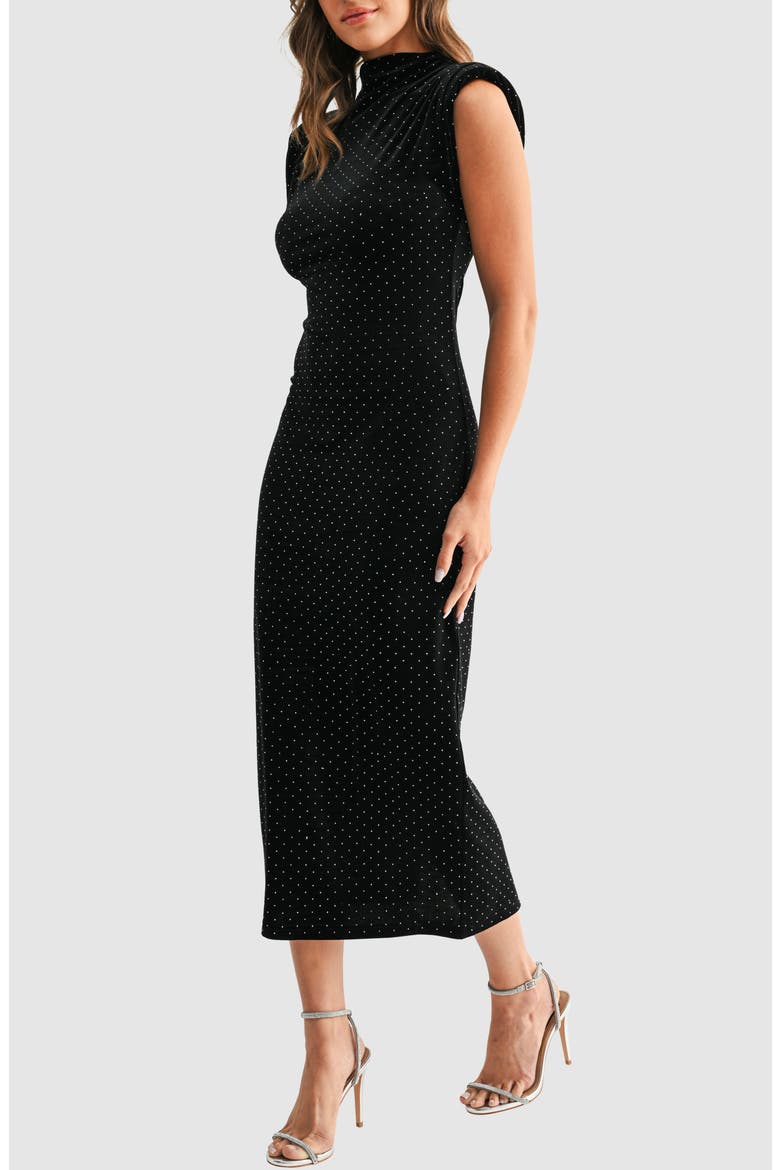 Rhinestone Padded Shoulder Velvet Cocktail Dress, Alternate, color, BLACK