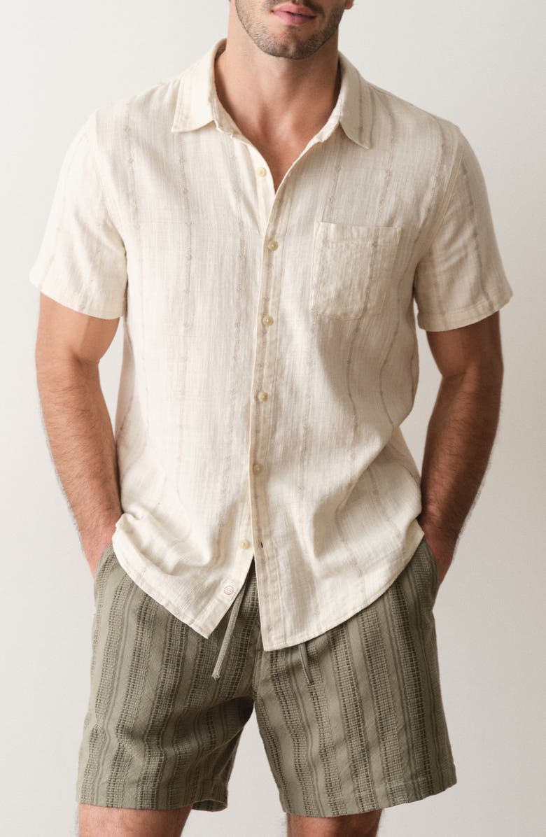 Marine Layer Selvage Short Sleeve Button Up Shirt, Main, color, Cream Embroidery