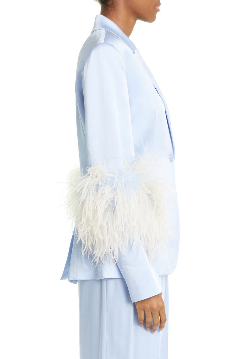 Ostrich Feather Trim Double Face Satin Blazer, Alternate, color, CELESTE