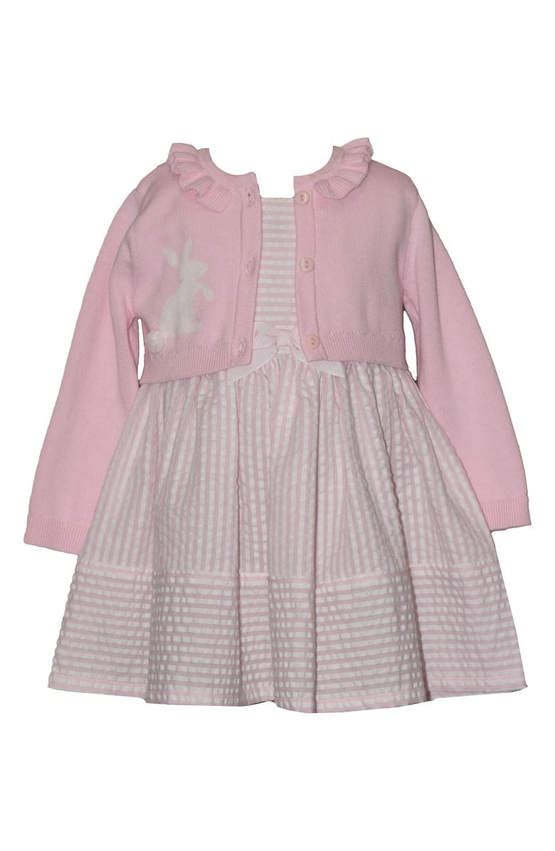 GERSON & GERSON Sleeveless Seersucker Dress & Bunny Cardigan Set, Main, color, Pink