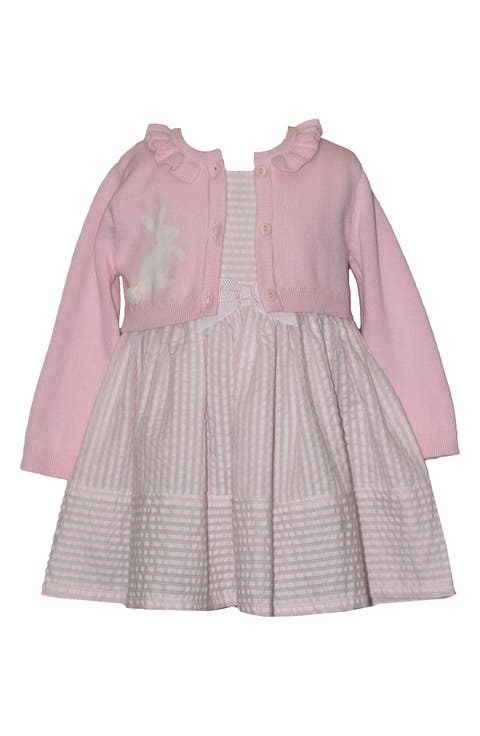 Kids' Bunny Cardigan & Stripe Seersucker Dress Set (Toddler)